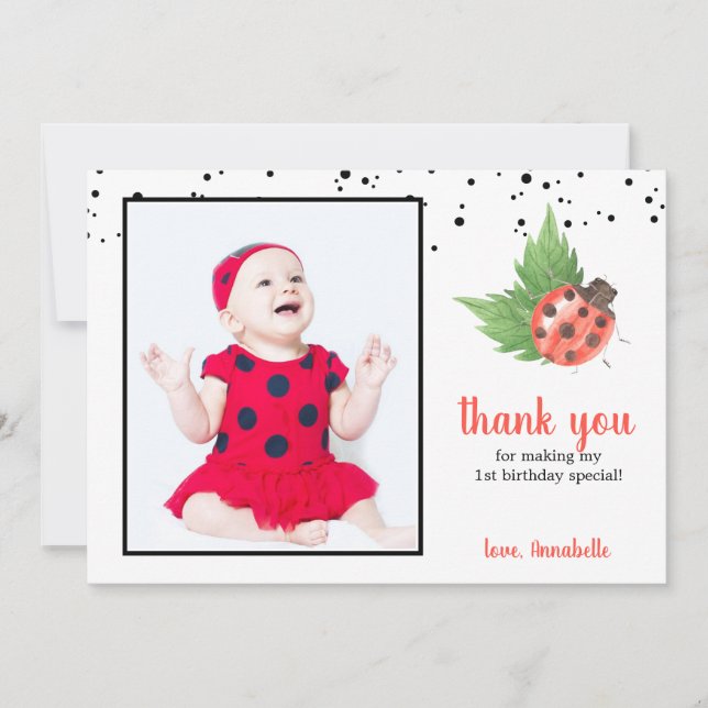 Carte De Remerciements Couleur d'eau douce Ladybug 1er anniversaire (Devant)