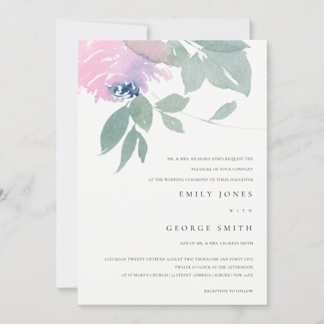 CARTE DE REMERCIEMENTS COULEUR D'EAU VERTE ROSE BLEU INVITE MARIAGE FLORA (Devant)