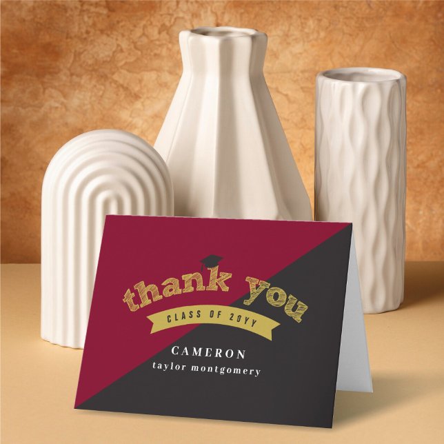 Carte De Remerciements Couleurs fractionnées Esquisse d'or moderne Photo  (Split Colors Gold Sketch Classic Modern Graduation Photo Thank You Card @ zazzle.com/color_therapy)