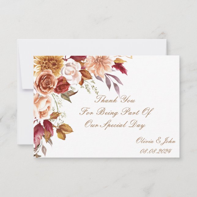 CARTE DE REMERCIEMENTS COULEURS ROMANTIQUES D'AUTOMNE BRIDAL SHOWER  (Devant)