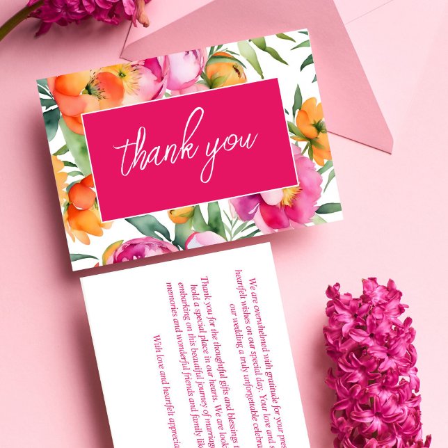Carte De Remerciements Couleurs vives rose orange pivoines détails élégan (Bold colors pink orange peonies elegant details thank you card)