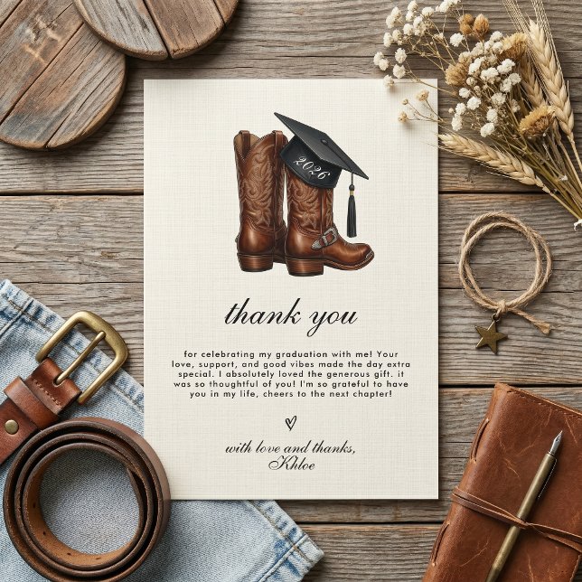 Carte De Remerciements Country Chic Cowgirl Boots and Cap Graduation (Country Chic Graduation Thank You Card)