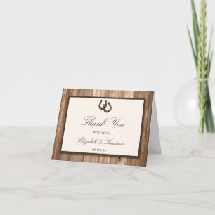 Carte De Remerciements Country Rustic Horseshoe & Brown Wood Mariage