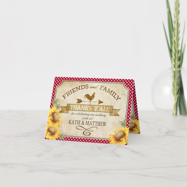 Carte De Remerciements Country Sunflowers Gingham Check Rustic Thank You (Devant)
