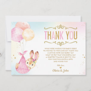 Carte De Remerciements Coup de Baby shower de fille de Bunny Balloons