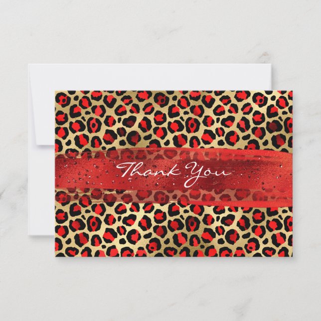 Carte De Remerciements Coup de pinceau léopard à feuilles d'or rouge et o (Devant)