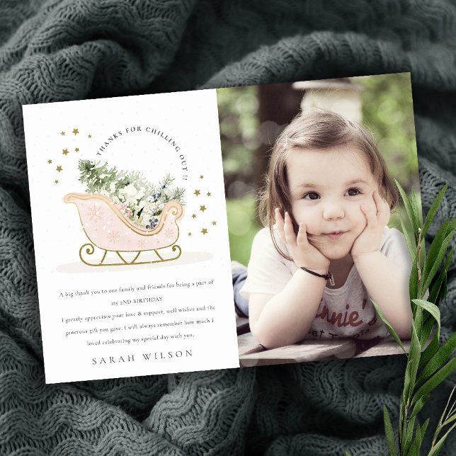 Carte De Remerciements Coupe rose or rose mignonne Hiver Sleigh Photo Ann (Créateur téléchargé)