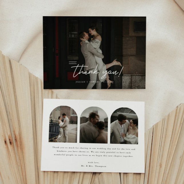 Carte De Remerciements Couple de mariage à l'arche 4-Photo Script Moderne (Créateur téléchargé)