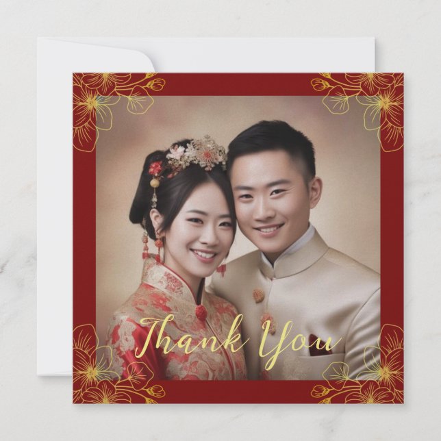 Carte De Remerciements Couple floral ligne mariage chinois photo rouge (Devant)