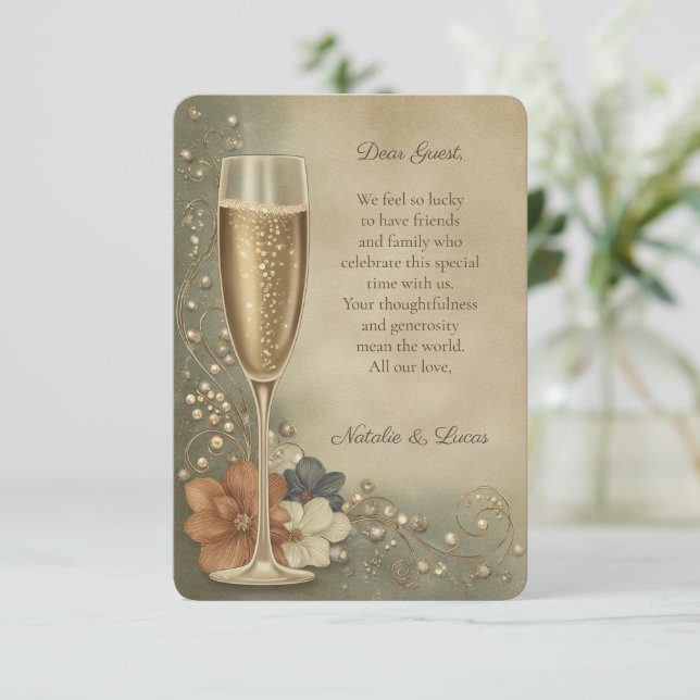 Carte De Remerciements Couple’s Champagne Floral Wedding Shower (Debout devant)
