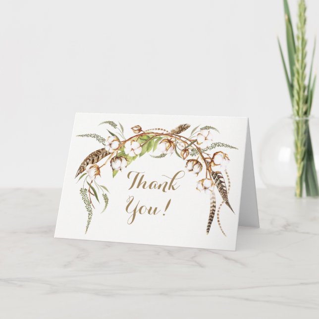 Carte De Remerciements Couronne de coton à l'aquarelle Plume Mariage Reme (Devant)