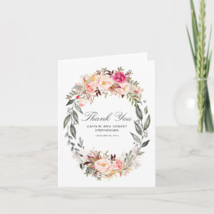 Carte De Remerciements Couronne de fleurs rose blush pour mariage remerci