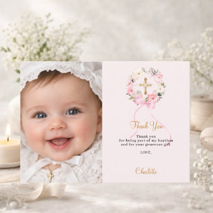 Carte De Remerciements Couronne de fleurs roses baptême ruban photo fille