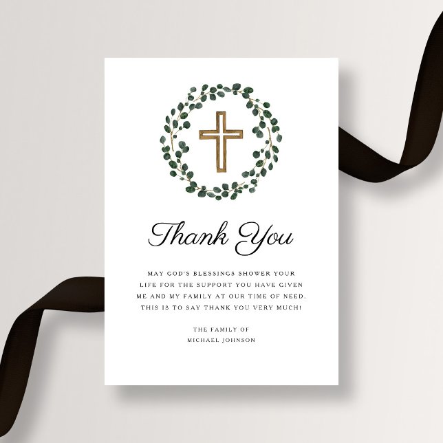 Carte De Remerciements Couronne de funérailles en eucalyptus croix religi (Eucalyptus Wreath Religious Cross Funeral Thank You Card)