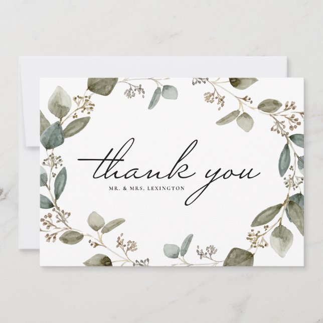 Carte De Remerciements Couronne de mariage à l'eucalyptus semencé aquarel (Devant)