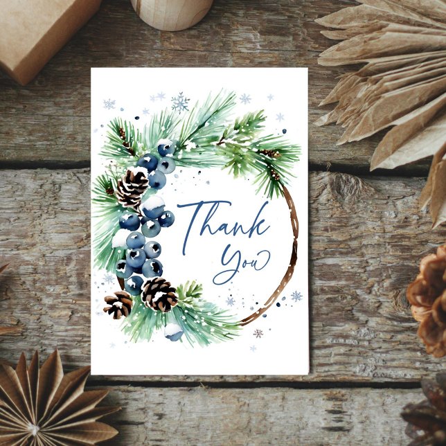 Carte De Remerciements Couronne de pins aquarelle pour mariage d'hiver (Winter bridal shower watercolor pine wreath thank you card snowy pines cones winter blue berries)