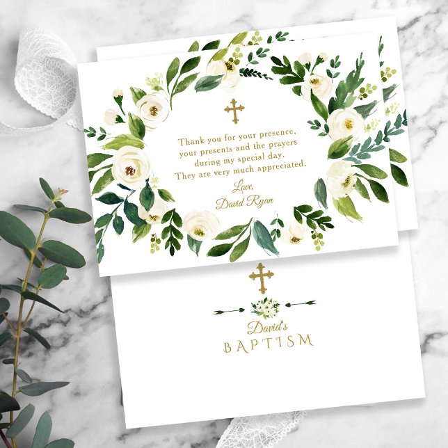 Carte De Remerciements Couronne de pivoines florales blanches modernes Ba (elegant, trendy white flowers baptism thank you card)