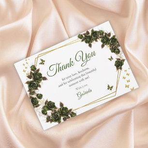 Carte De Remerciements Couronne de roses dorées vertes papillon Quinceañe