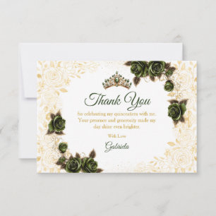 Carte De Remerciements Couronne de roses émeraude verte Quinceañera dorée