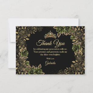 Carte De Remerciements Couronne de roses émeraude verte Quinceañera dorée