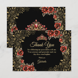 Carte De Remerciements Couronne de roses en or noire et rouge pour Quince