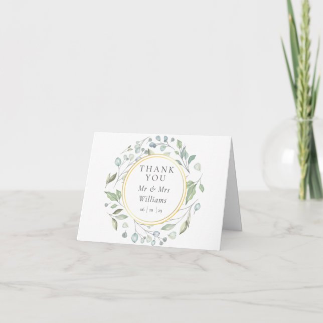 Carte De Remerciements Couronne de verdure dorée de mariage (Devant)