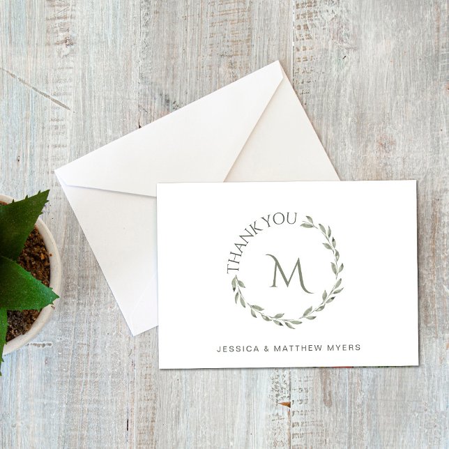 Carte De Remerciements Couronne élégante verte avec monogramme et noms (Créateur téléchargé)