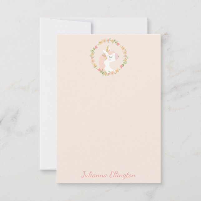 Carte De Remerciements Couronne Fleurie Licorne Mignonne Rose Pâle Nom Pe (Devant)