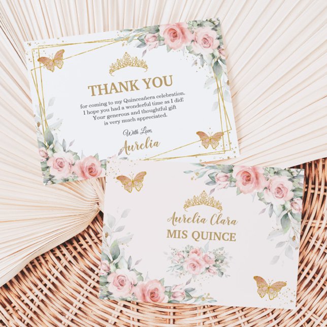 Carte De Remerciements Couronne Fleurie Rose Pâle Papillon Quinceañera en (blush-pink-floral-butterflies-quinceanera-sweet-16-birthday-thank-you-cards-digital-files)