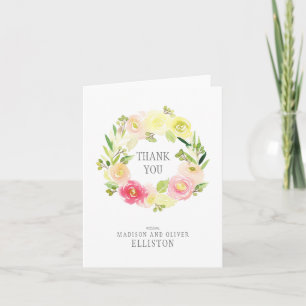 Carte De Remerciements Couronne florale à l'aquarelle rose et jaune   Mer