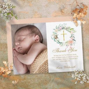 Carte De Remerciements Couronne florale de bois Baptême, Christening Phot