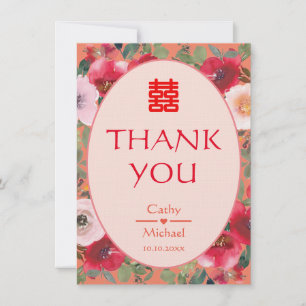 Carte De Remerciements Couronne florale orange fleurs rouges mariage chin