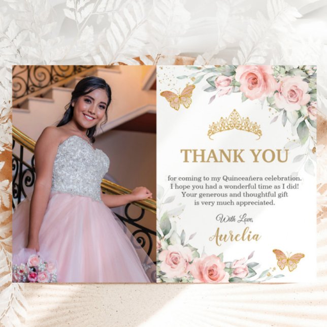 Carte De Remerciements Couronne florale rose dorée Quinceañera Photo  (Delicate Blush pink floral butterflies Quinceañera sweet 16 birthday photo thank you cards printed)