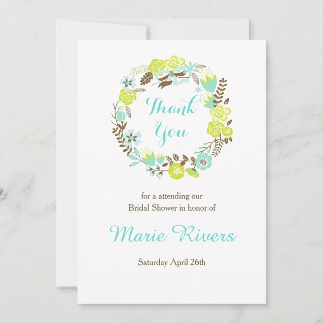 Carte De Remerciements Couronne florale verte et marron Baby Shower (Devant)