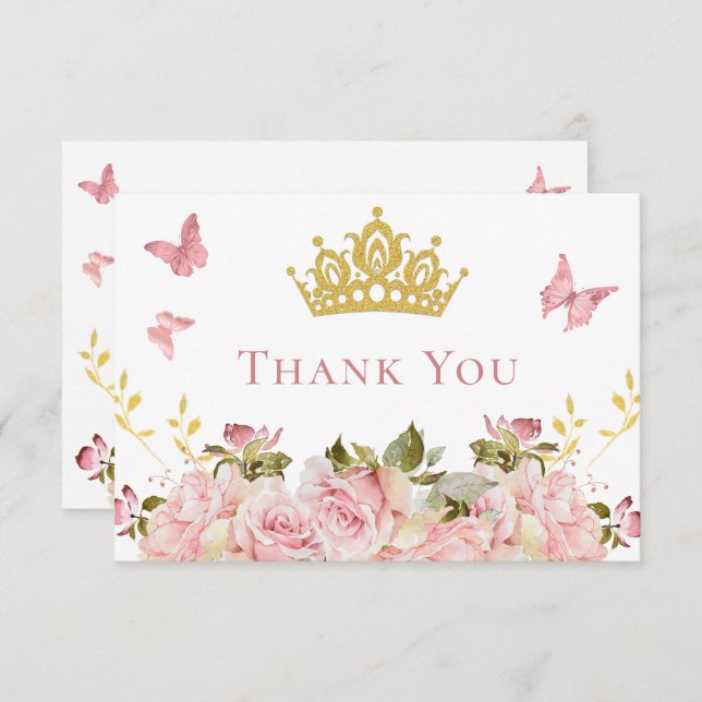 Carte De Remerciements Couronne | Papillons Floral Princess Baby shower (Devant / Derrière)