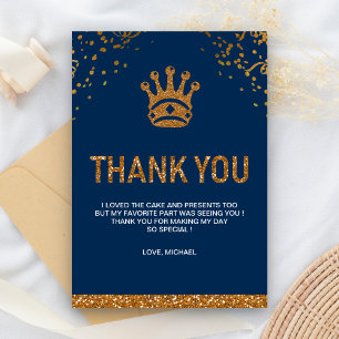 Carte De Remerciements Couronne Royale Prince Bleu Or Fête d'anniversaire