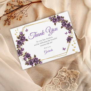 Carte De Remerciements Couronnes de roses dorées violettes papillon Quinc