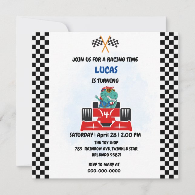 Carte De Remerciements Course de dinosaure d'anniversaire voiture garçon  (Devant)
