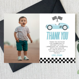 Carte De Remerciements Course de voiture de course bleue Photo personnali