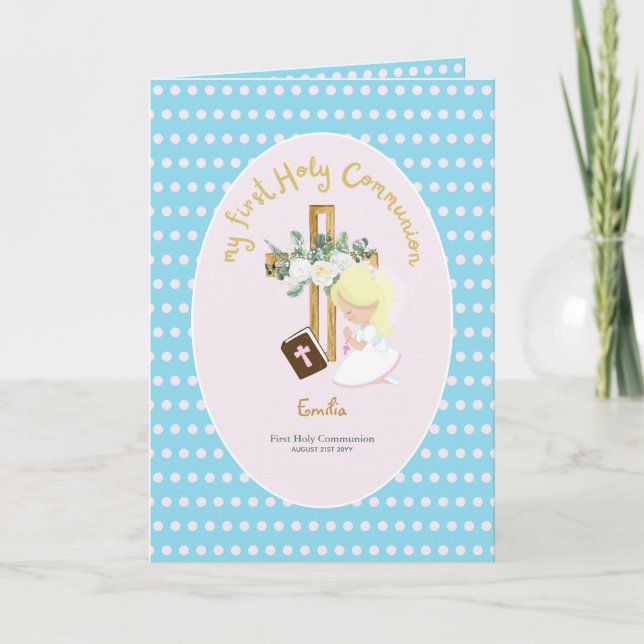 Carte De Remerciements Coutume Première Sainte Communion Cute Blonde Coif (Devant)