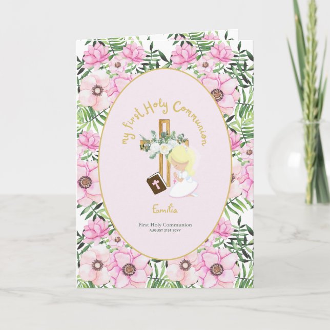 Carte De Remerciements Coutume Première Sainte Communion Cute Blonde Coif (Devant)