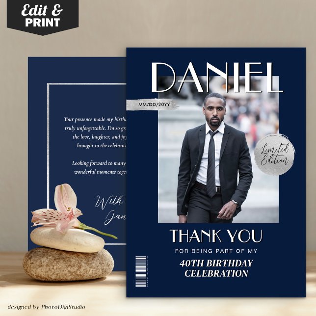 Carte De Remerciements Couverture du magazine personnalisé d'anniversaire (Modern Birthday Custom Magazine Cover Thank You Card)