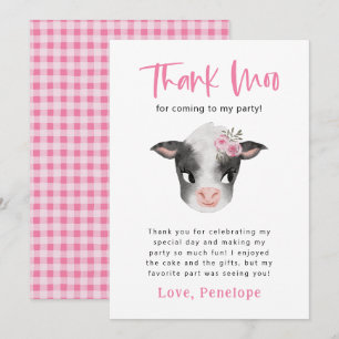 Carte De Remerciements Cow Thank Moo Girl Birthday Party