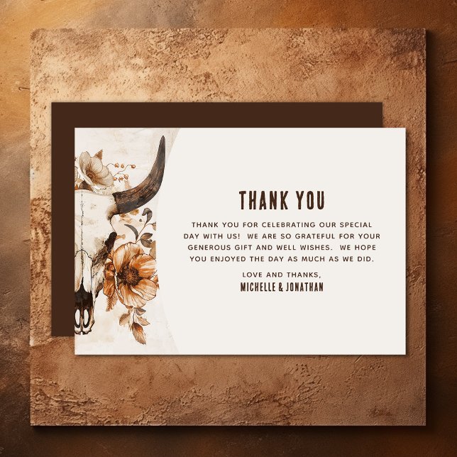 Carte De Remerciements Crâne de vache rousse Floral Boho Western Mariage (Rustic Bull Cow Skull Floral Boho Western Wedding Thank You Card)