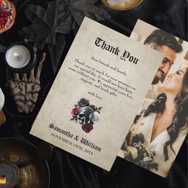 Carte De Remerciements Crâne floral Rustique Photo Halloween Mariage (Créateur téléchargé)