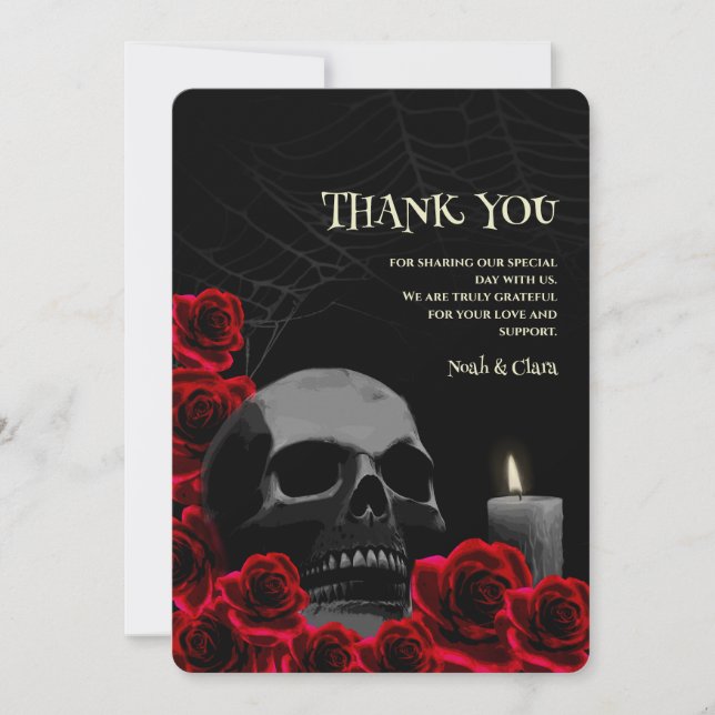 Carte De Remerciements Crâne gothique et Roses rouges Mariage d'Halloween (Devant)