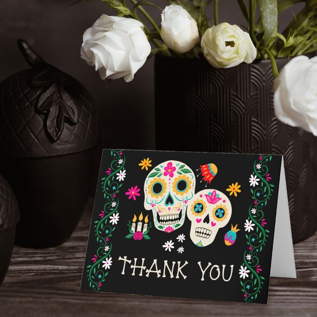 Carte De Remerciements Crânes de sucre floraux de la fête des morts (Day of the Dead thank you card with sugar skulls from my Dia de los Muertos collection)