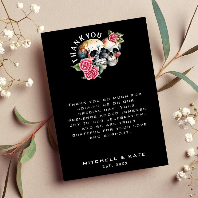 Carte De Remerciements Crânes et Mariage noir Rose (Skulls & Roses Black Wedding Thank You Card)