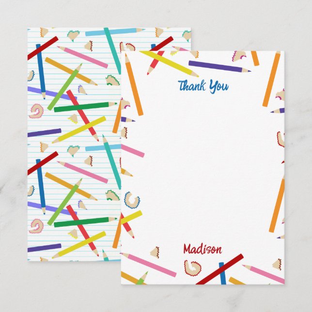 Carte De Remerciements Crayons de couleur motif nom personnalisé enfants (Devant / Derrière)