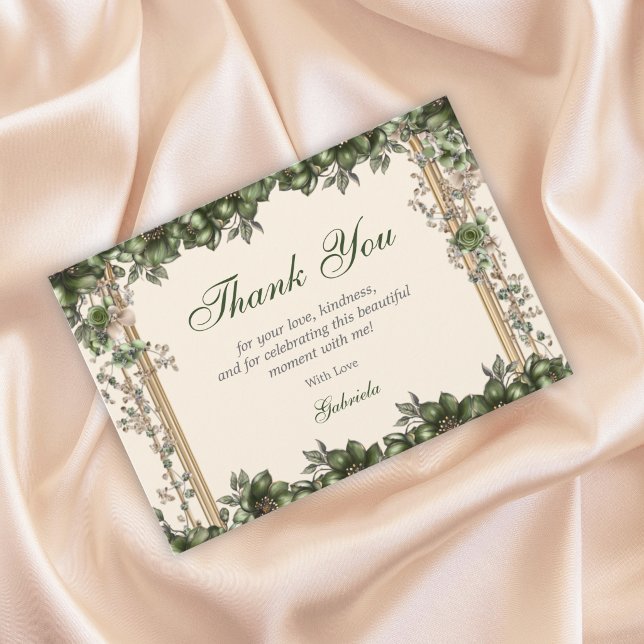 Carte De Remerciements Cream and Green Golden Tiara Floral Quinceañera (Créateur téléchargé)